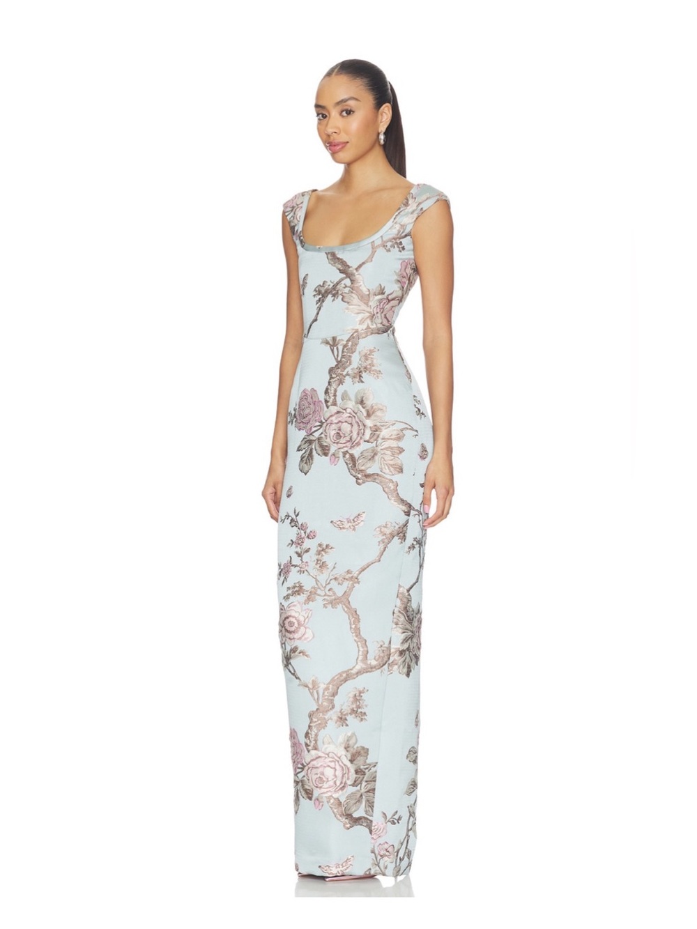 Cap-Sleeve Floral Scoop Maxi Dress in Light Blue and Pink - Brooke Brocade Gown
